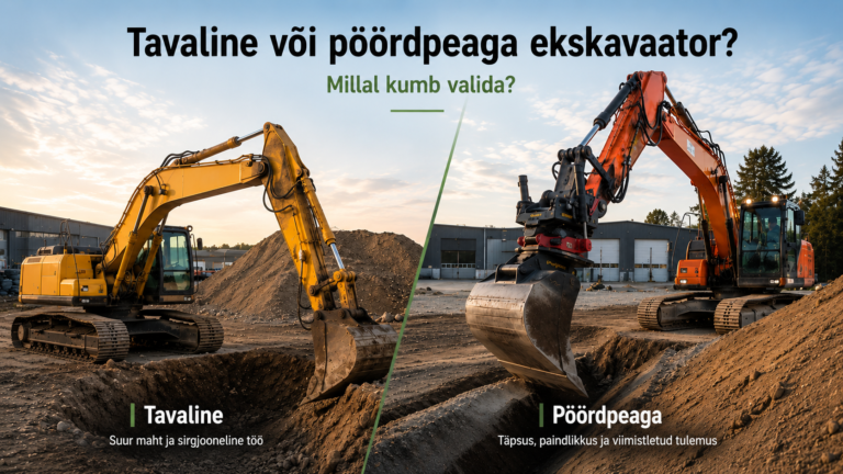 Tavaline ekskavaator ja pöördpeaga ekskavaator töömaal